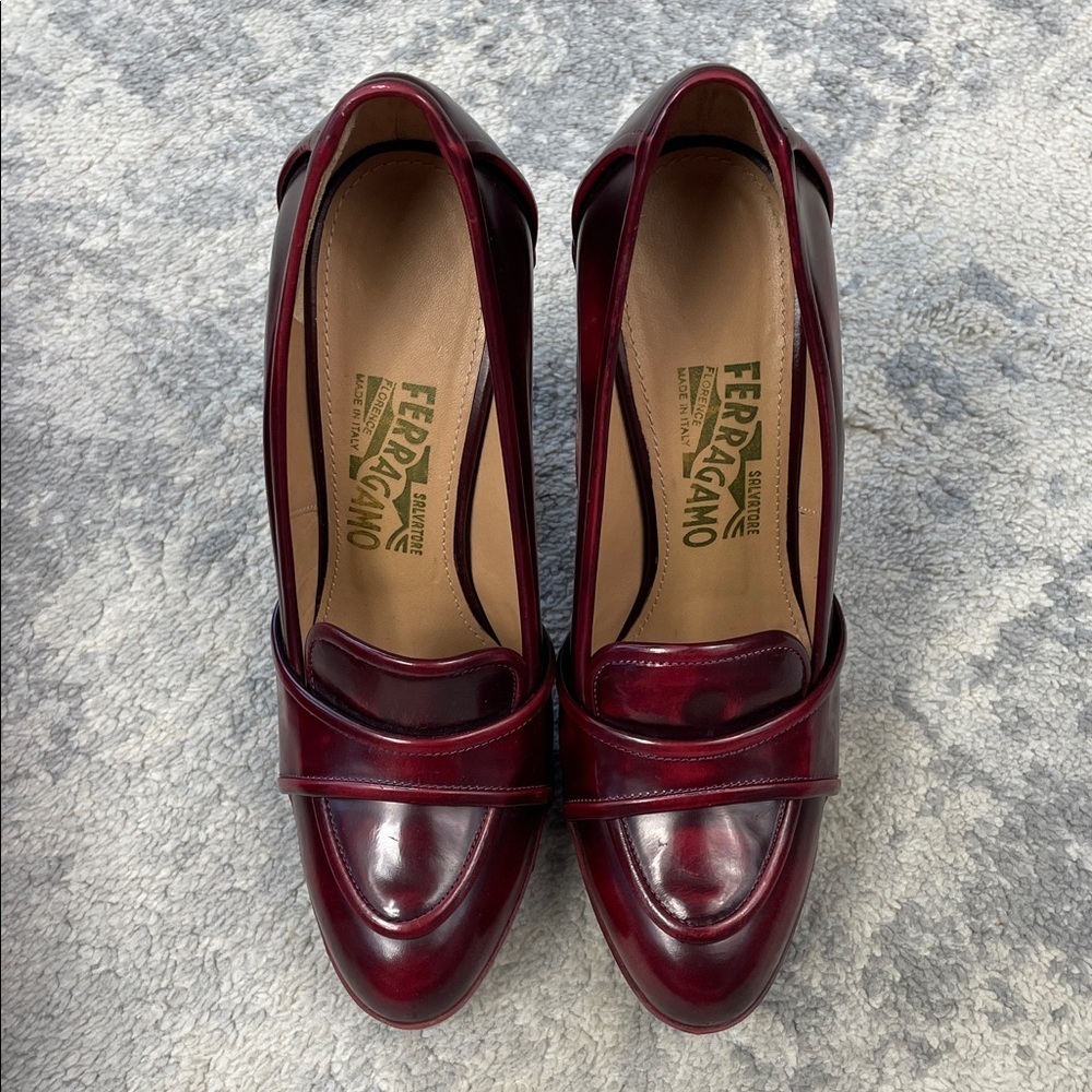 NIB Salvatore Ferragamo Reina Loafer Heels Pumps Red Oxblood Glossy Sz 5.5 - Picture 4 of 15